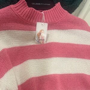 Celebrity Pink Striped Cowl Neck Sweater - Pink and White